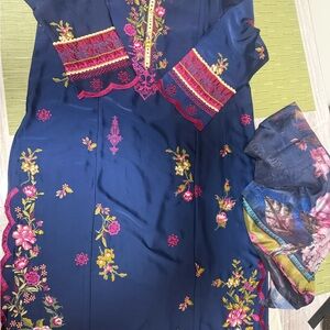 Limelight Navy Blue Kurta with Pink and Yellow Floral Embroidery